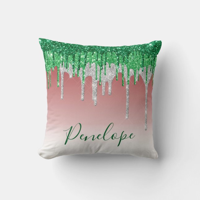 Green Silver Red Glitzer Tropfen Elegantes Monogra Kissen (Vorderseite)