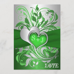 Green, Silver Scrolls, Hearts Faire-part de mariag