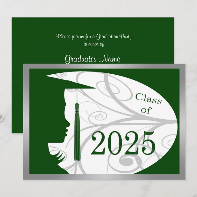 Green & Silver Silhouette 2025 Graduation Party Einladung (Vorne/Hinten)