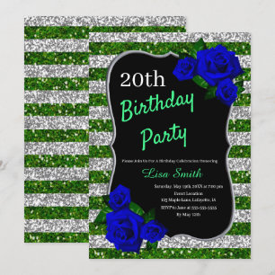 Green Silver Stripes Glitzer Deep Blue Rose Einladung