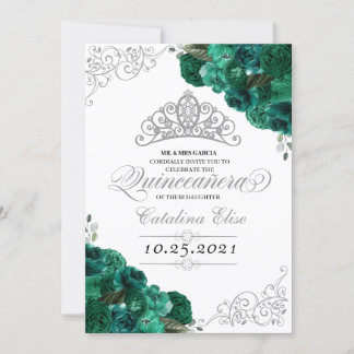 Green Silver Tiara Mis Quince Floral Geburtstag Einladung