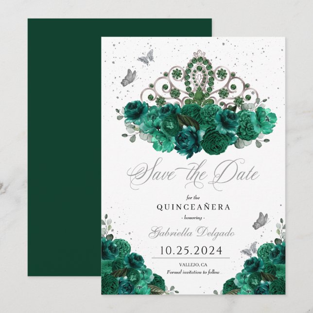 Green & Silver Tiara Save the Date Quinceañera Einladung (Vorne/Hinten)