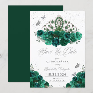 Green & Silver Tiara Save the Date Quinceañera Einladung