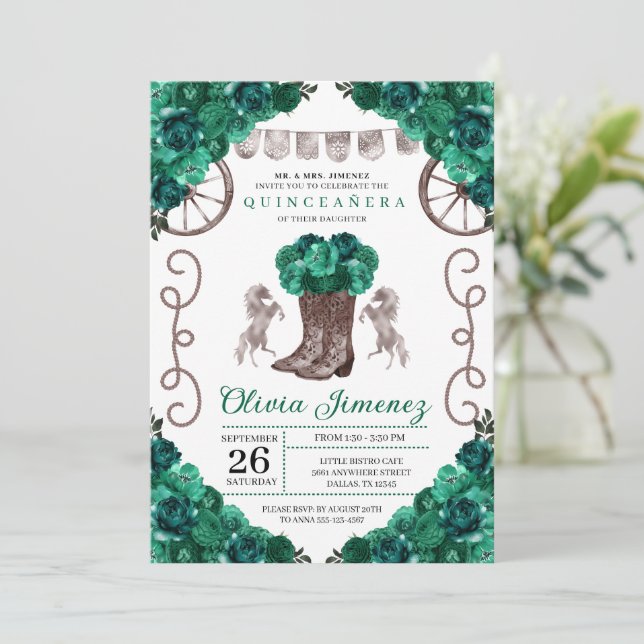 Green Silver Western Charra Boots Quinceañera Einladung (Stehend Vorderseite)