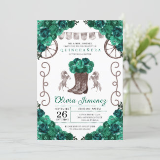 Green Silver Western Charra Boots Quinceañera Einladung