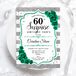 Green Silver White Überraschung 60. Geburtstag Einladung<br><div class="desc">Überraschung 60. Geburtstagsparty Einladung. Weibliches smaragdgrünes Design mit Imitaten Glitzer Silber. Weiße und silberne Streifen,  Rose,  Skript-Schriftart und Konfetti. Ideal für eine elegante Damenfeier. Kann personalisiert sein,  jedes Alter zu zeigen. Gedruckte Zazzle Einladungen oder Sofortdownload digitalen druckbaren Vorlage.</div>