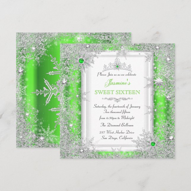 Green Silver Winter Wonderland Sweet 16 Snowflake Einladung (Vorne/Hinten)