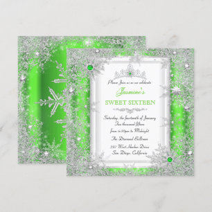 Green Silver Winter Wonderland Sweet 16 Snowflake Einladung