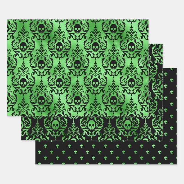 Green Skull Halloween Damask Pattern Geschenkpapier Set (Set)