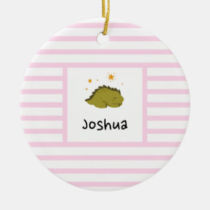Green Sleepy Baby Dino   Baby Pink Strip Modern Keramik Ornament