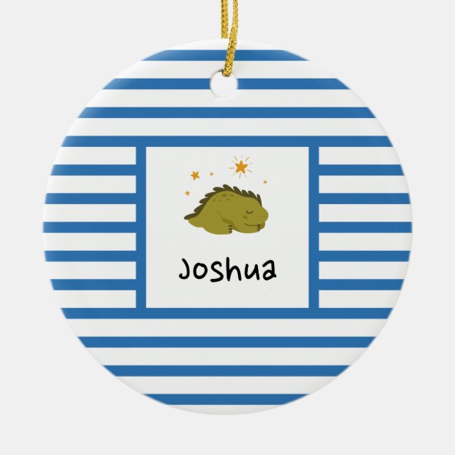 Green Sleepy Baby Dino | Blaue Streifen modern Keramik Ornament (Vorne)