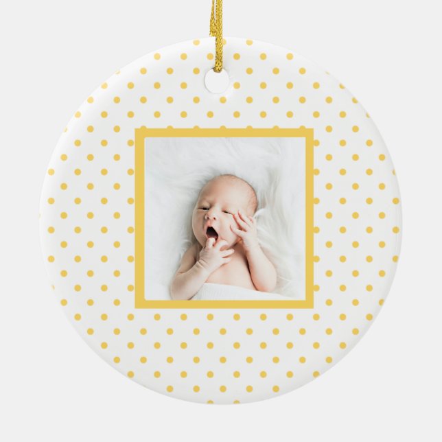 Green Sleepy Baby Dino | Yellow Polka Dot Modern Keramik Ornament (Hinten)