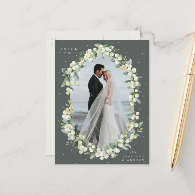 Green Snowberry+Eucalyptus Wedding Danke Foto Postkarte (Vorderseite/Rückseite Beispiel)