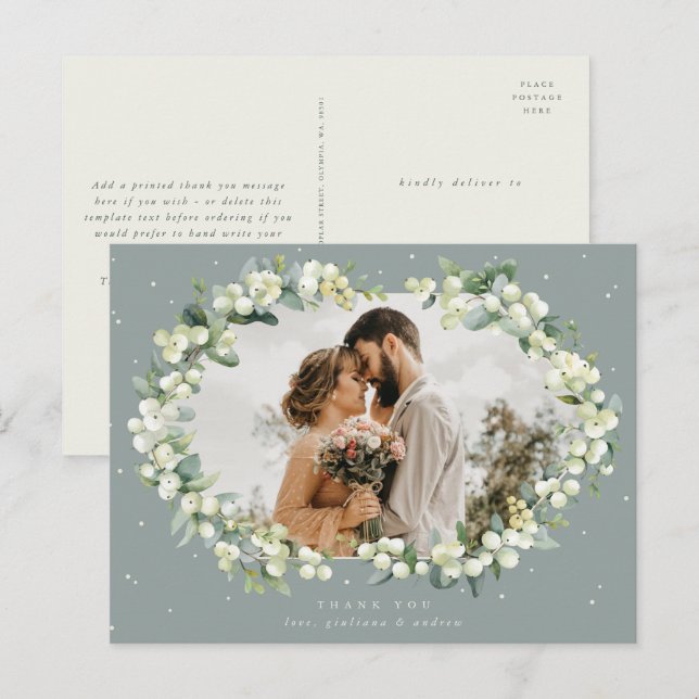 Green Snowberry+Eucalyptus Wedding Danke Foto Postkarte (Vorne/Hinten)