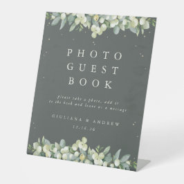 Green Snowberry+Eucalyptus Wedding Foto GuestBook Sockelschild