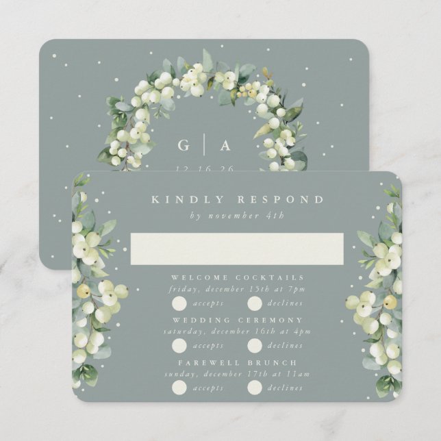 Green Snowberry+Eucalyptus Wedding Multi-Event RSVP Karte (Vorne/Hinten)