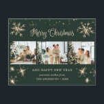 Green Snowflake Foto Collage Feiertagspostkarte<br><div class="desc">Grünes Foto Frohe Weihnachten und Glück Neues Jahr Postkarte mit einer Foto-Collage mit Sternen, Schneeflocken und einem schönen handgeschriebenen Urlaub Gruß in einem festlichen Skript-Schriftart. Personalisieren Sie diese grüne Postkarte mit Ihren Fotos, Familiennamen und Texten. Der Hintergrund kann auf jede Farbe angepasst werden.</div>