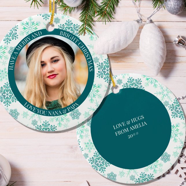 Green Snowflake Merry Bright und Weihnachten Foto Keramik Ornament (Von Creator hochgeladen)