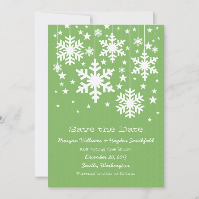 Green Snowflakes and Stars Save the Date Invitatio (Devant)