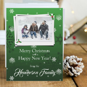 Green Snowflakes Flat Holiday Foto Card Feiertagskarte