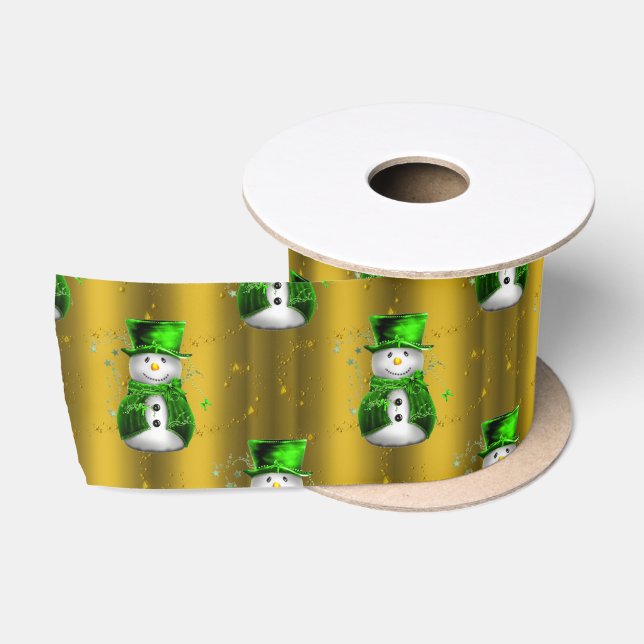 Green Snowman on Gold Christmas Satinband (Spule)
