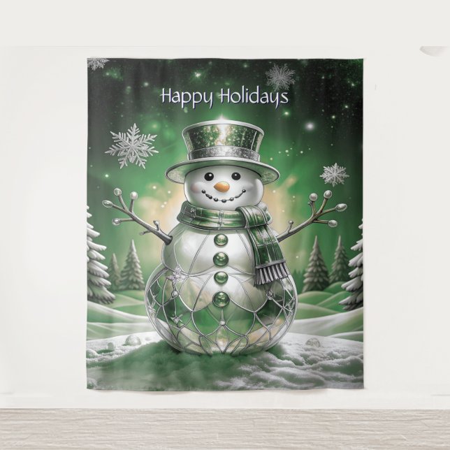 Green Snowman Snowflakes Holiday Backdrop Wandteppich (Vorderseite)