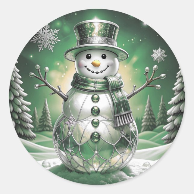 Green Snowman Snowflakes Holiday Sticker (Devant)
