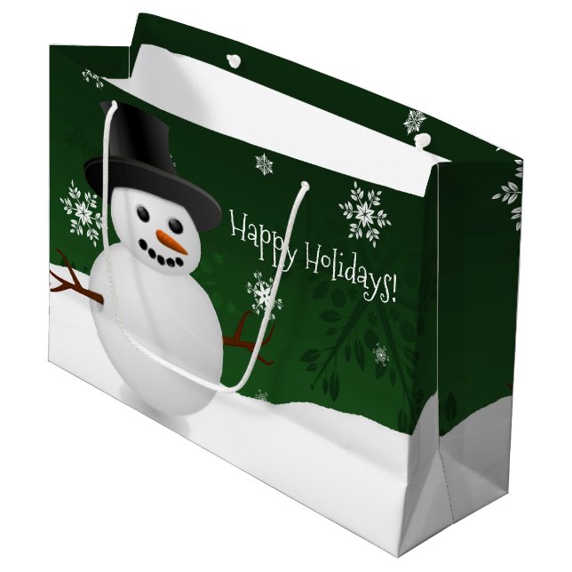 Green Snowman Winter Landschaft Weihnachtsgeschenk Große Geschenktüte (Vorderseite Schrägansicht)
