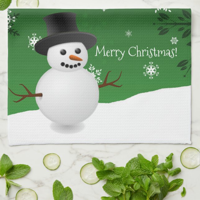 Green Snowman Winter Scène Noël Cuisine Serviette (Plié)