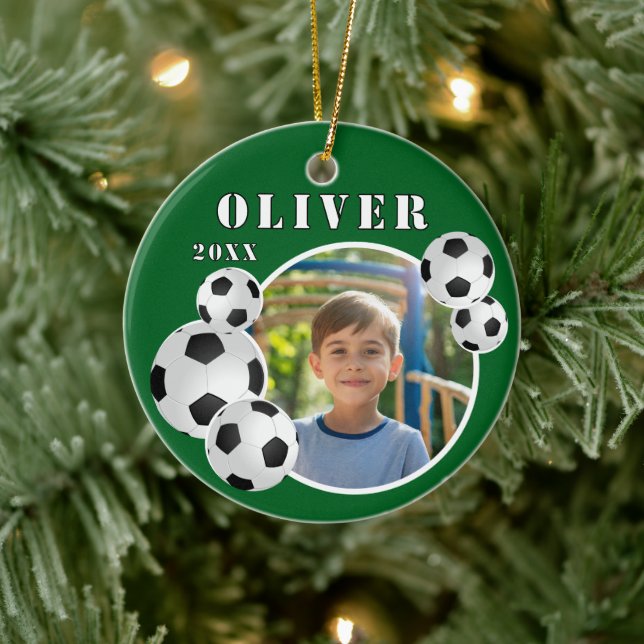 Green Soccer Ball Foto Keramik Ornament (Baum)