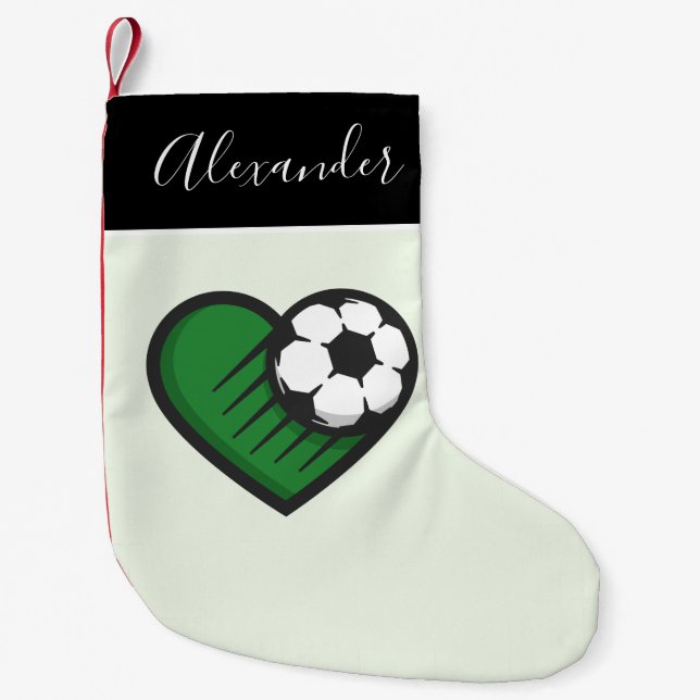 Green Soccer Ball Heart & Boys Name Player Coach Kleiner Weihnachtsstrumpf (Vorderseite)