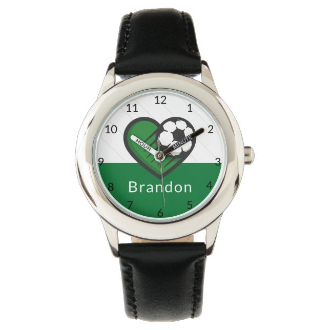 Green Soccer Liebe Kinder Name und Ball gestreift Armbanduhr (Vorderseite)