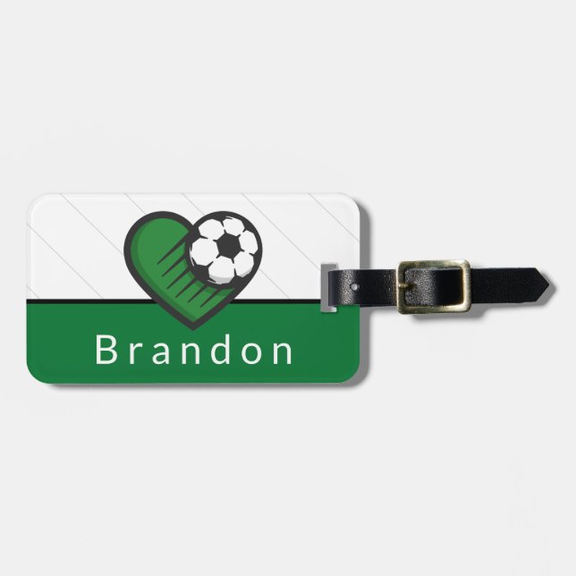 Green Soccer Liebe Kinder Name und Ball gestreift Gepäckanhänger (Vorderseite horizontal)