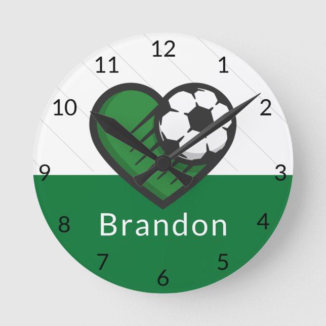 Green Soccer Liebe Kinder Name und Ball gestreift Runde Wanduhr (Vorderseite)