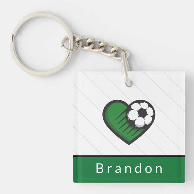 Green Soccer Liebe Kinder Name und Ball gestreift Schlüsselanhänger (Vorderseite)