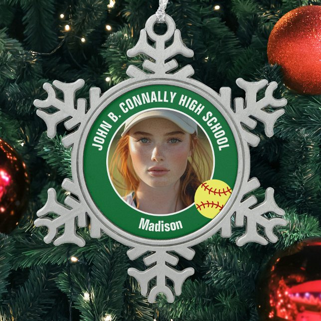 Green Softball Player Photo High School Keepsake Schneeflocken Zinn-Ornament (Von Creator hochgeladen)
