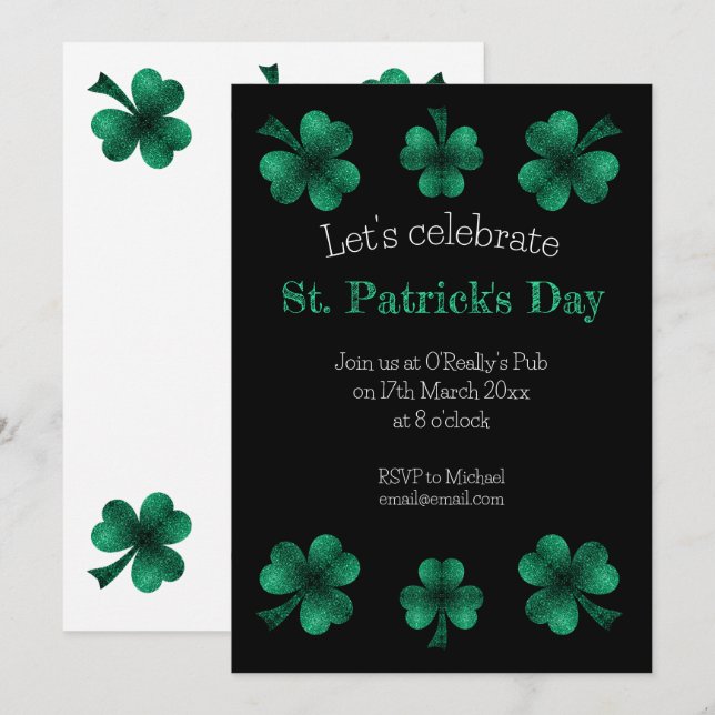 Green Sparkle Shamrock St. Patrick's Day Black Einladung (Vorne/Hinten)