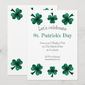 Green Sparkle Shamrock St. Patrick's Day White Einladung
