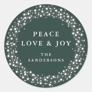 Green Sparkling Lights Peace Liebe + Freude an Wei Runder Aufkleber