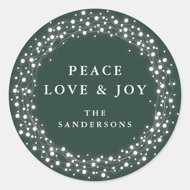 Green Sparkling Lights Peace Liebe + Freude an Wei Runder Aufkleber (Vorderseite)