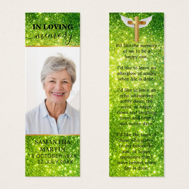 Green Sparkly Elegant Signet funéraire commémorati (Devant & derrière)