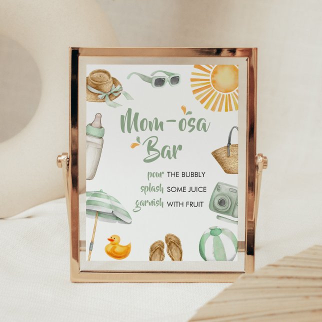 Green Splish Splash Baby Dusche Mama Osa Bar Poster (Summer Baby Bash Baby Shower Mom Osa Bar Sign)