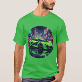 Green Sports Car auf der Rainy Neon Street T-Shirt