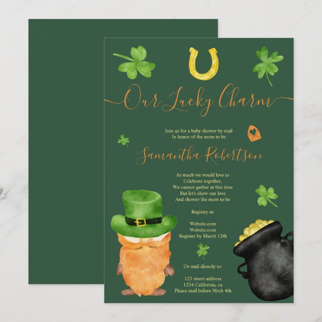 Green St Patrick Aquarell Babydusche per Post Einladung (Vorne/Hinten)