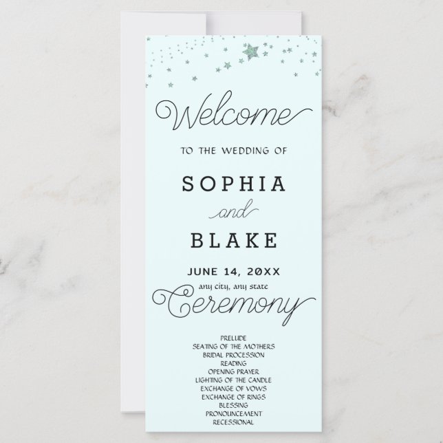 Green Stars Celestial Light Blue Wedding Program (Vorderseite)