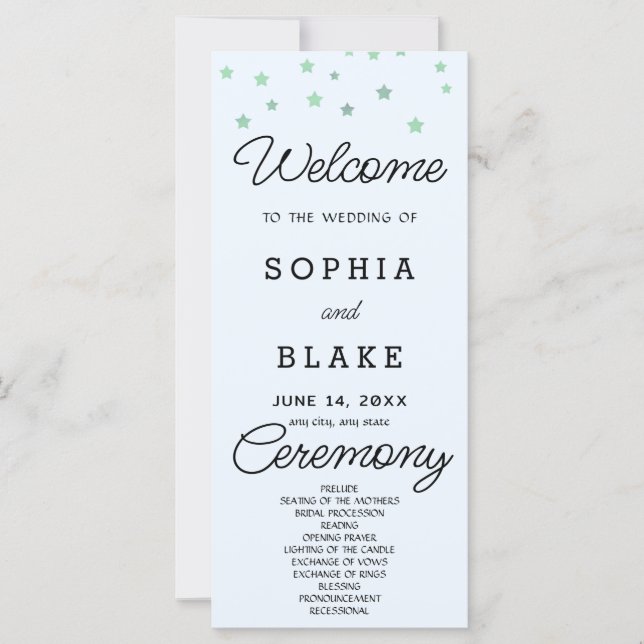 Green Stars Celestial Light Blue Wedding Program (Vorderseite)