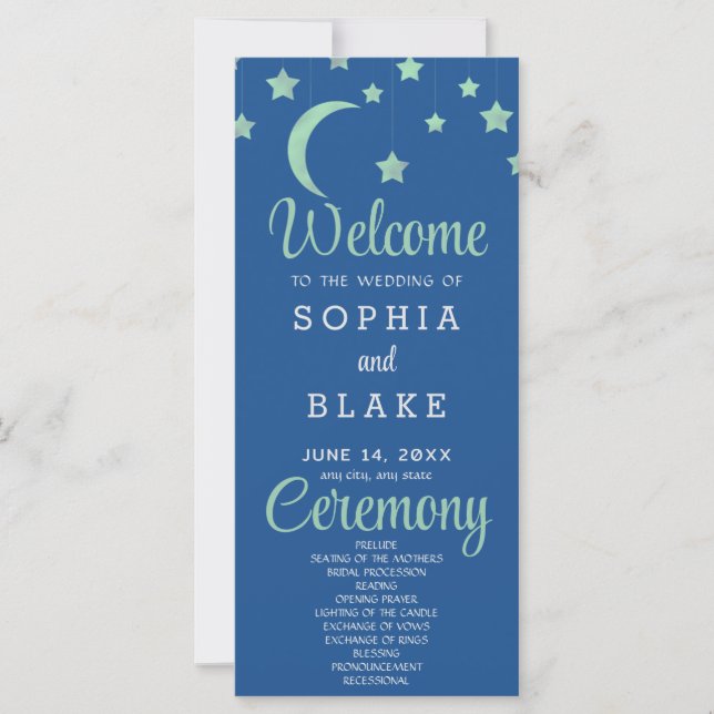 Green Stars Crescent Moon Blue Wedding Program (Vorderseite)
