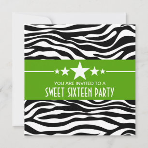 Green Stars Zebra Print Sweet 16 Invitation