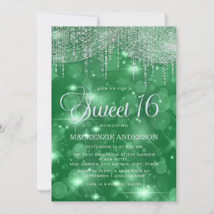 Green String Lights Bokeh Sweet 16 Einladung