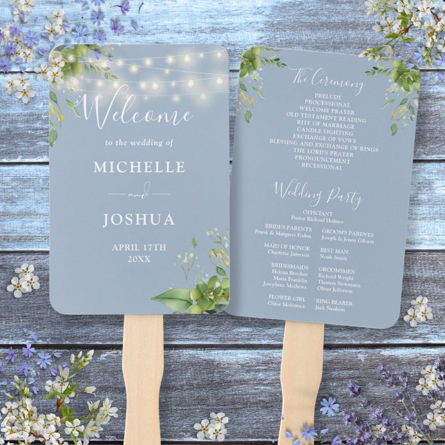 Green String Lights Dusty Blue Wedding Program Fächer (Greenery String Lights Dusty Blue Wedding Program Hand Fan)